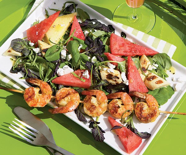  salad with tomato, shrimp and watermelon