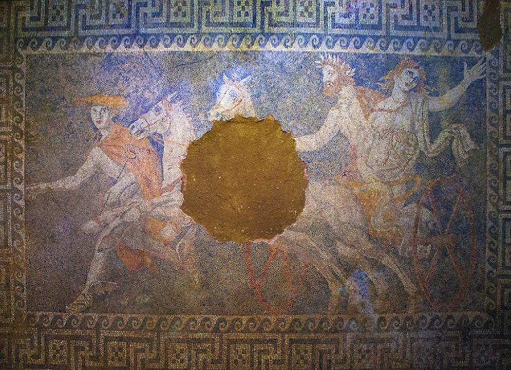 Interior of the tomb in Amphipolis, mosaic abduction Persephone