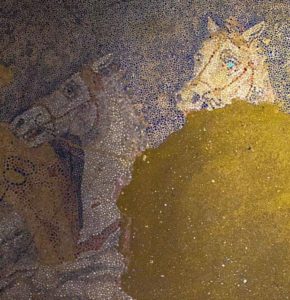 Interior of the tomb in Amphipolis, mosaic horses