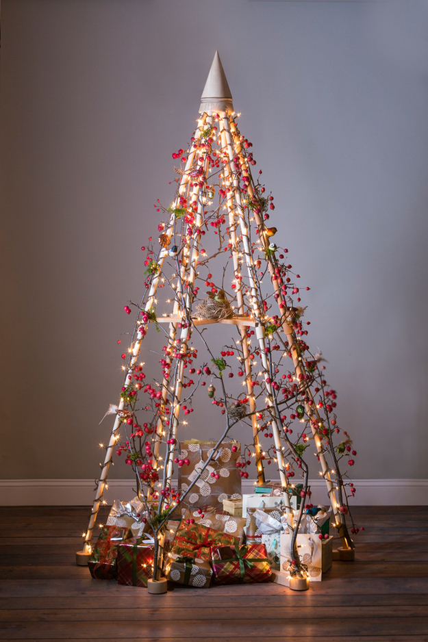 DIY unusual christmas tree, decorated with crabapple branches